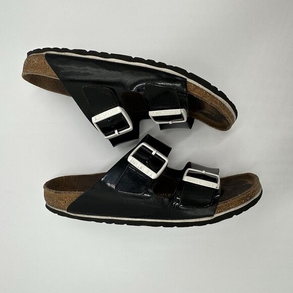 Birkenstock Arizona Patent Leather Black Sandals White Buckle Womens 38 US 7.5 - Picture 10 of 16